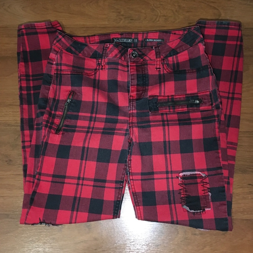 Black and Red Plaid Zipper Skinny Jeans